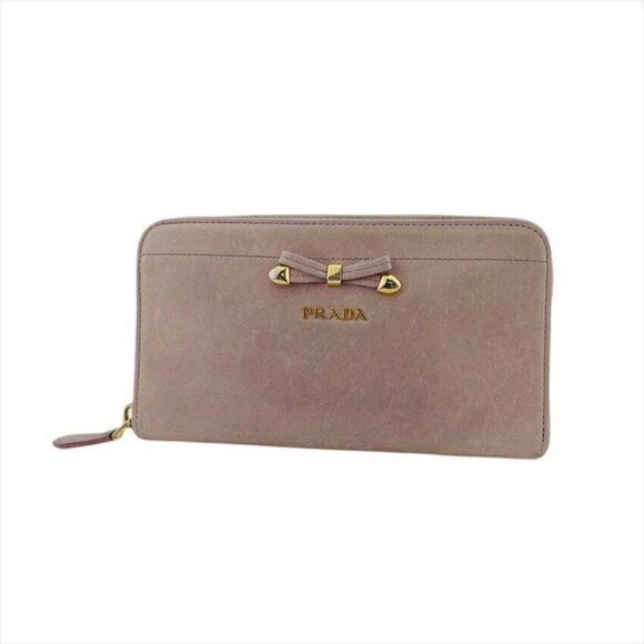 PRADA Long Wallet Ribbon Pink Beige Leather Authentic USED - Picture 1 of 11
